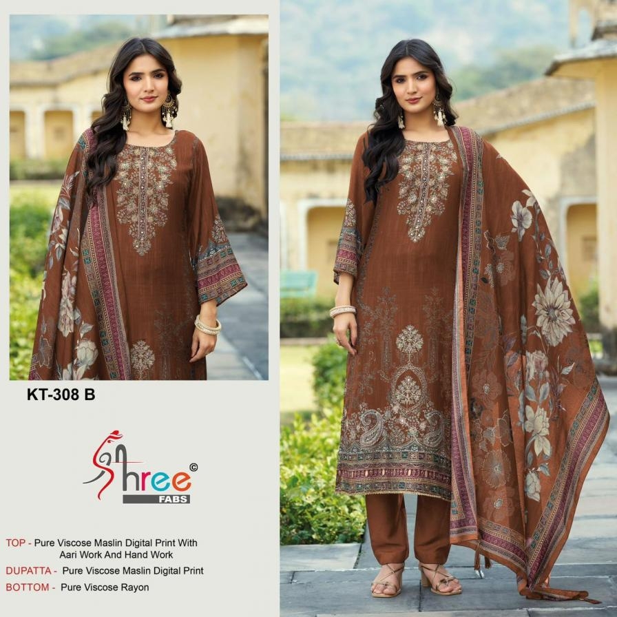 shree fabs kt 308 A to D viscose muslin pakistani suits in wholesale surat