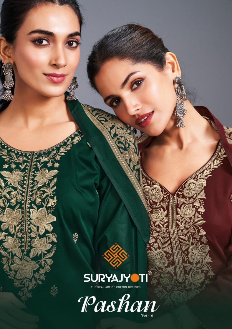 suryajyoti pashan vol 6 series 6001 to 6006 jam satin dyed salwar kameez in wholesale surat