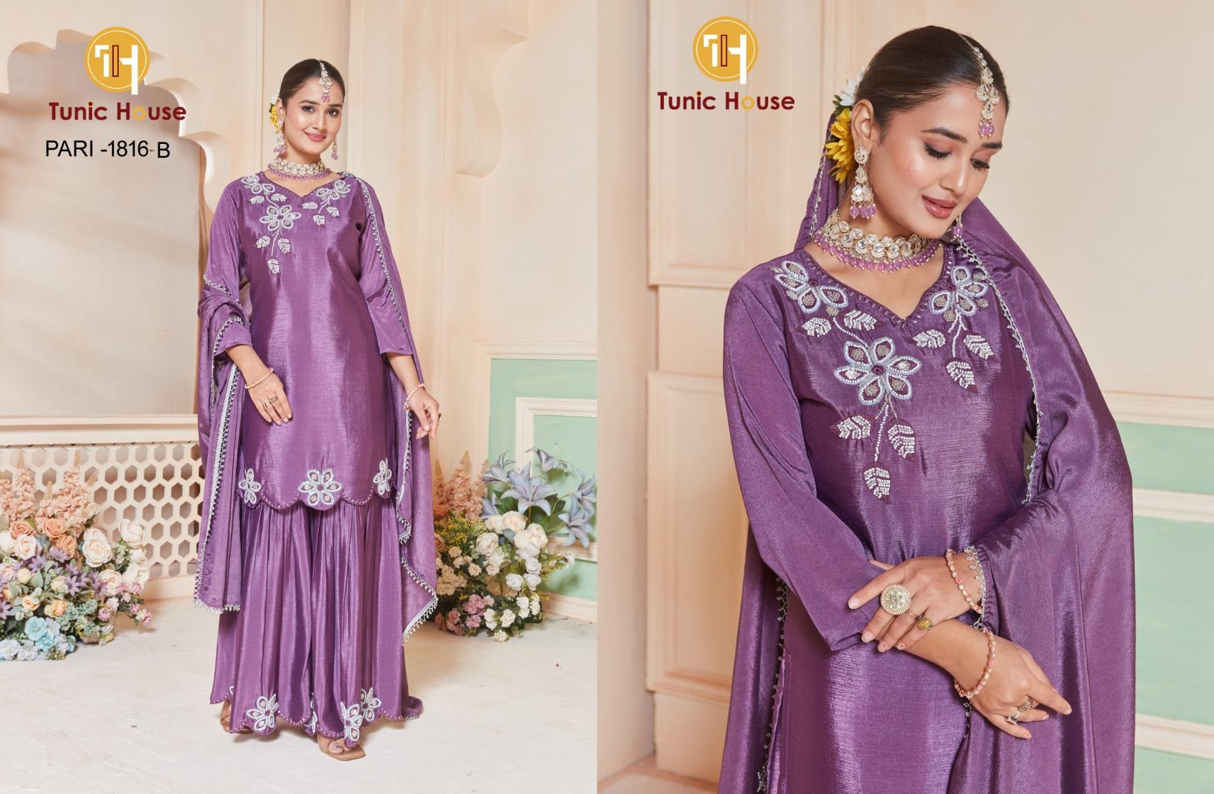 TUNIC HOUSE PARI SERIES 1816 A to 1816 B DESIGNER SHARARA READYMADE SUIT IN WHOLESALE SURAT