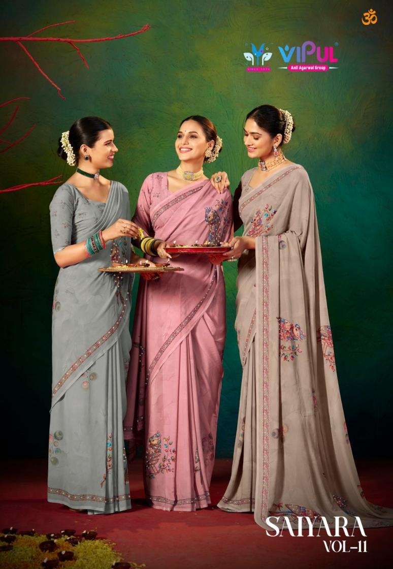 vipul saiyaara vol 11 series 92727 to 92732 wetless pretty look sarees in wholesale surat