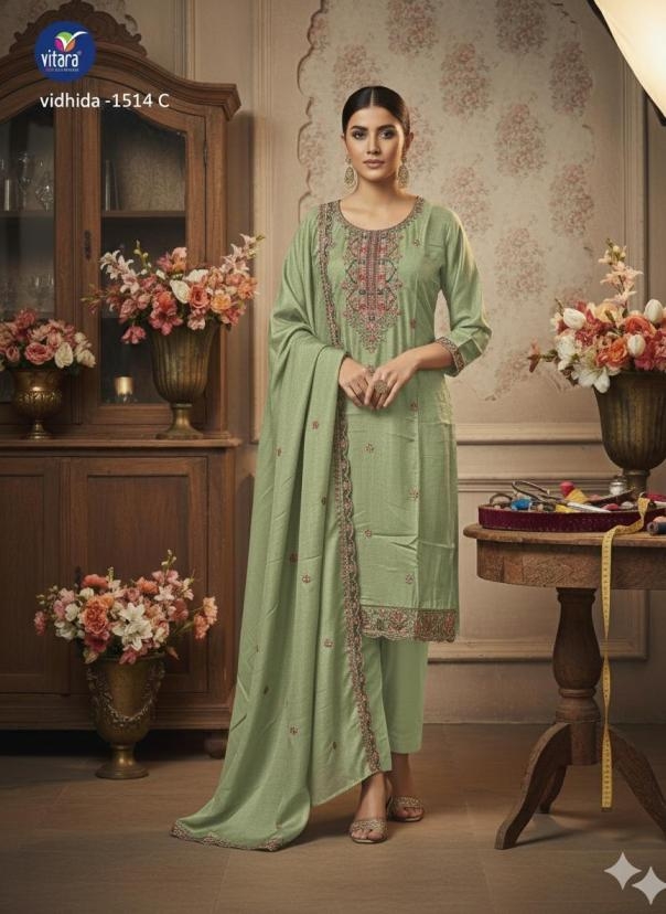 vitara fashion vidhida series 1514A to 1514D amazing vichitra simar fully stitch combo suit in wholesale surat