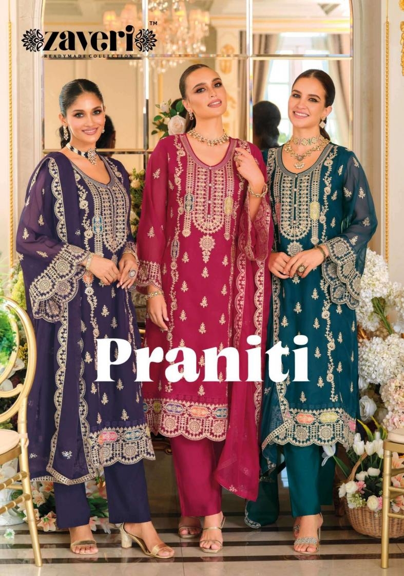 zaveri praniti series 1898 to 1900 fully stitch organza emboidery work suit in wholesale surat