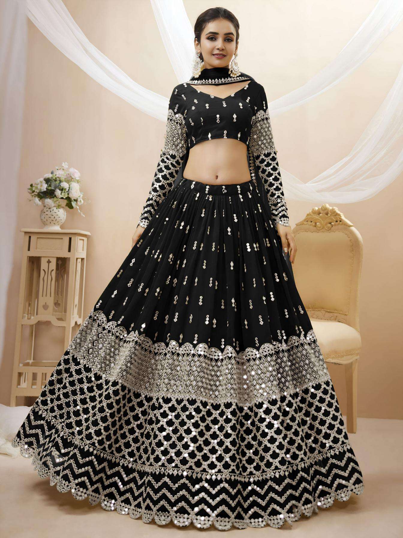 zeel clothing 305 black georgette semi stitch lehenga unstitch blouse in wholesale surat