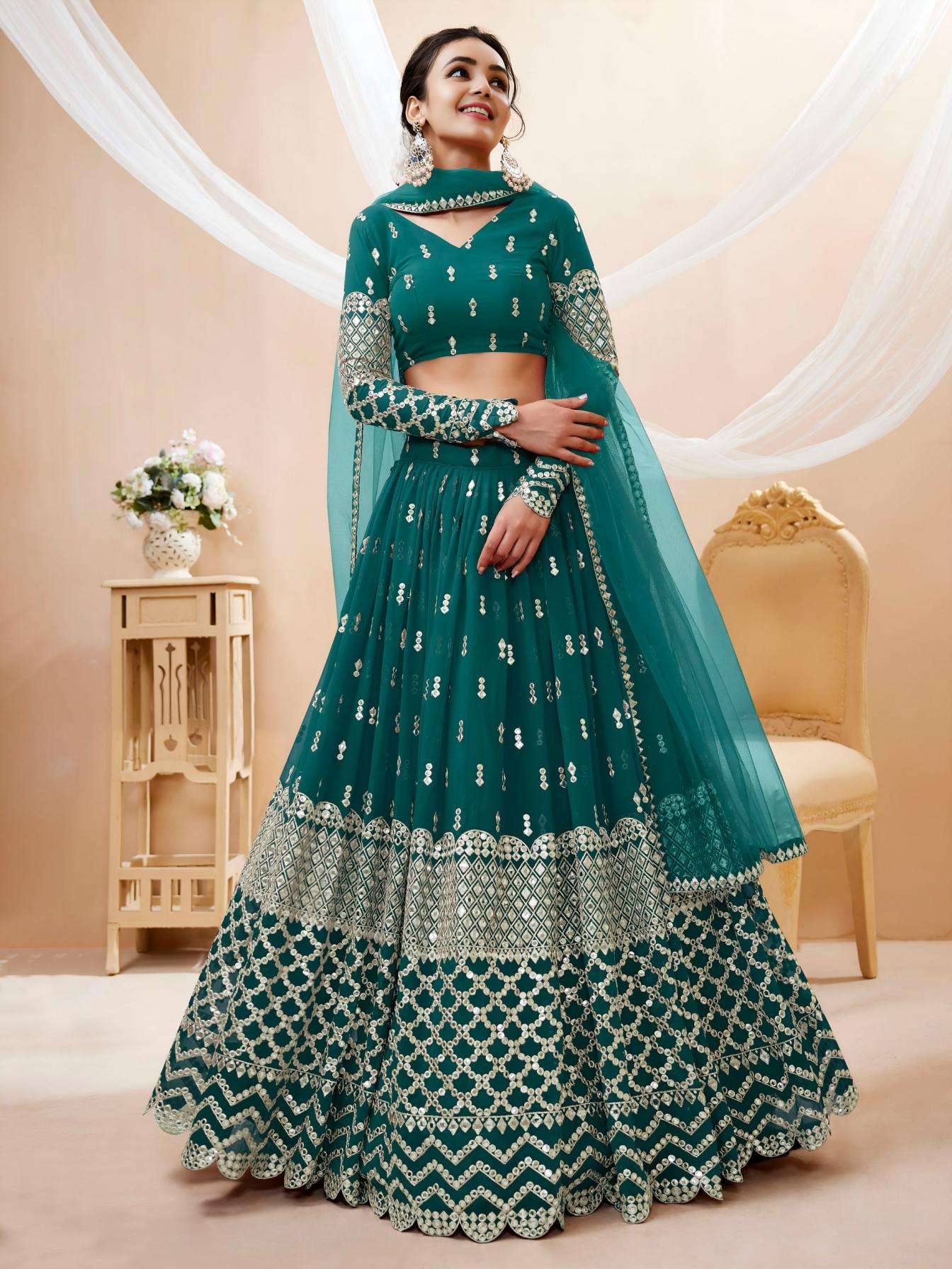zeel clothing 306 teal green georgette semi stitch lehenga unstitch blouse in wholesale surat