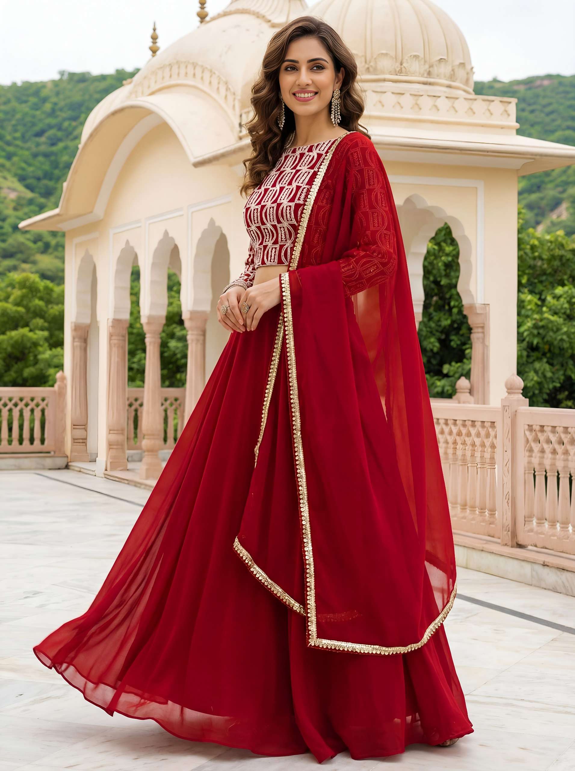 15050-Red Deep Embroidered Georgette Lehenga Set