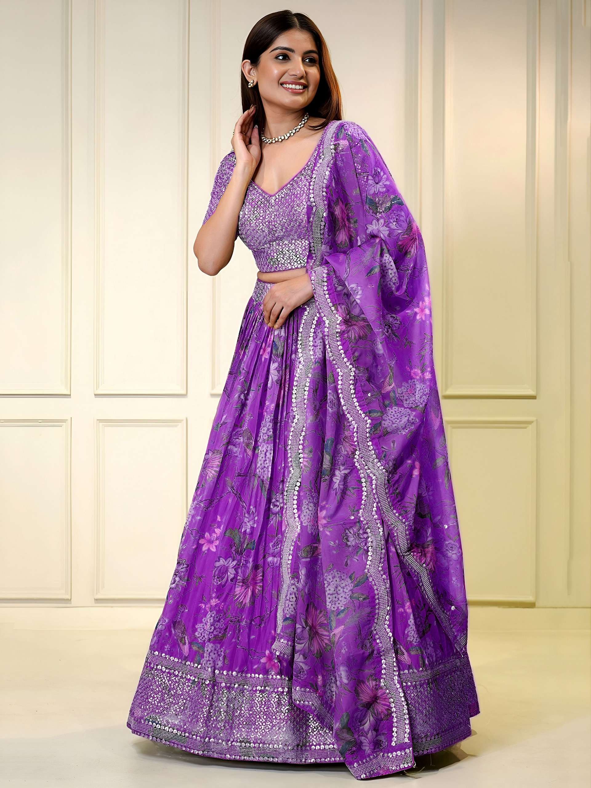 7066-PURPLE organza lehenga adorned with elegant multicolor floral prints 