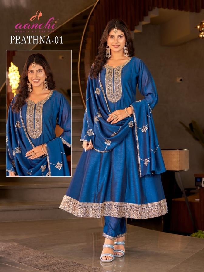 aanchi prathna series 01-02 full stitch vichitra silk wholesale suit 
