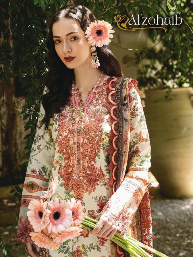 alzohaib  1142  pure cotton print with self boring work and patch wholesale suit