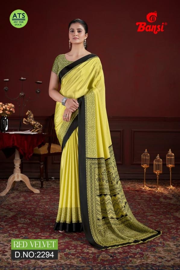 bansi red velvet crape pretty look uniform sarees wholesale in surat