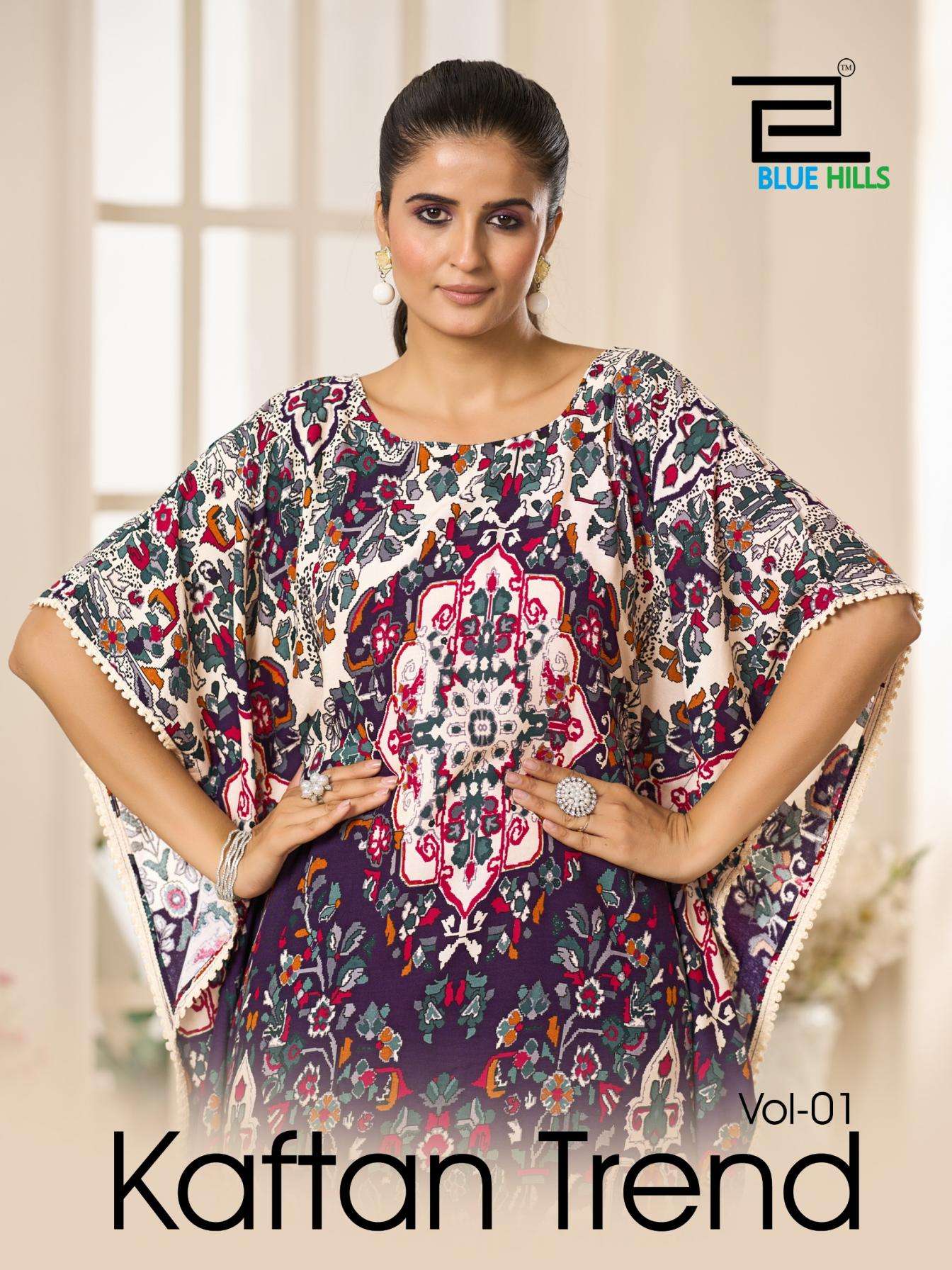 blue hills kaftan trend vol 1 series 10001-1004 heavy Rayon mil print 14 kg wholesale kurti
