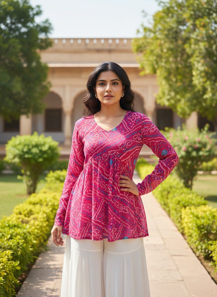 bt-10 Pure Georgette print with inner  Bandhej Top