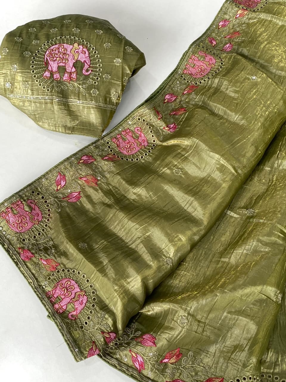BT-56 Charvi Pure crush silk saree with all over embroidery design and cut work design.