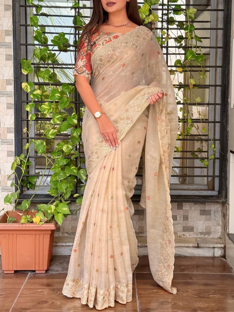 BT-56 Nayanthara  linen saree embroidered with combination of Digital print blouse