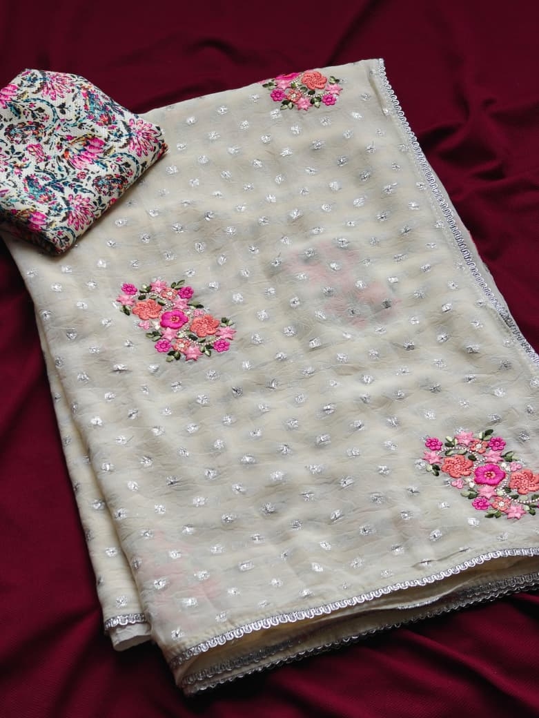 BT-63 Raveena Premium german chiffon sarees with intricate floral thread 