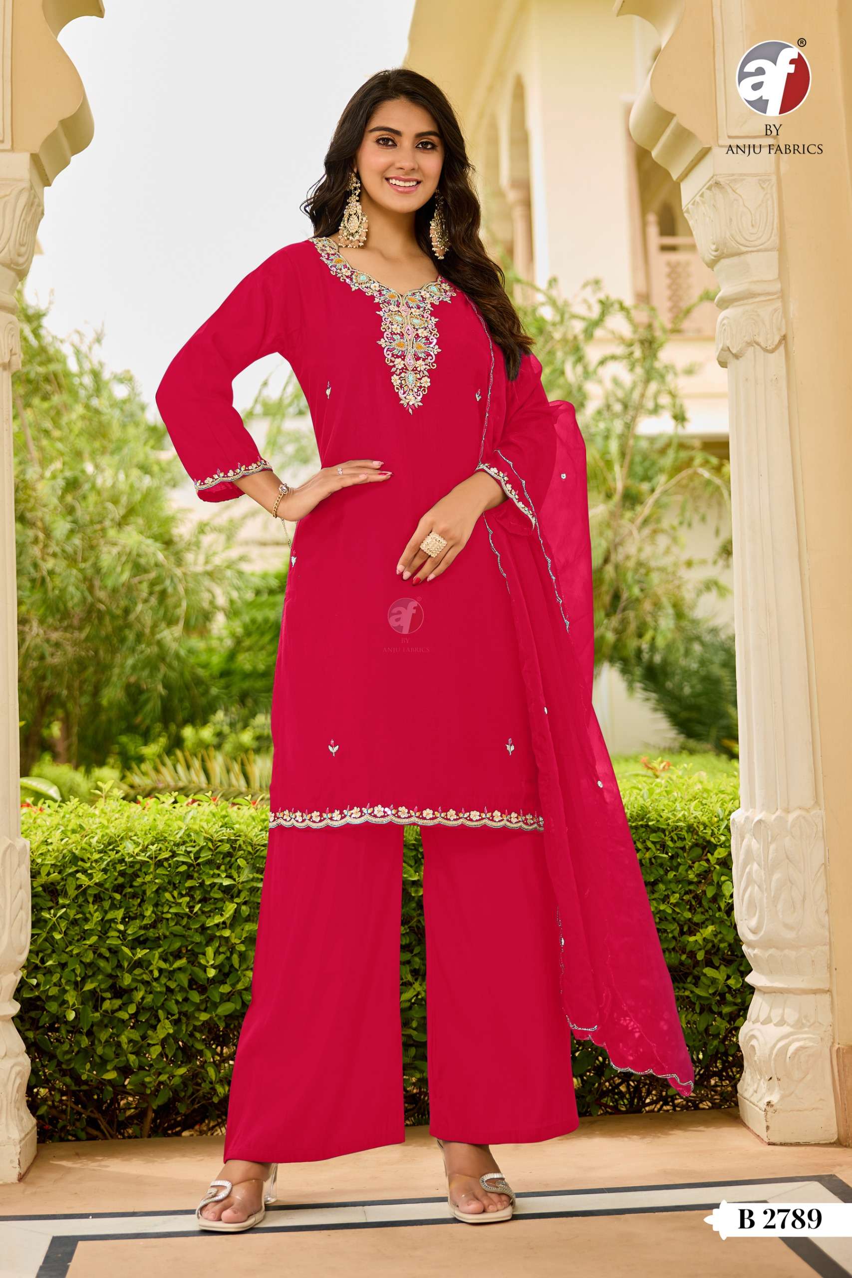 btm-2181 MODAL  SILK SHORT KURTI WITH WIDE PANT & DUPATTA