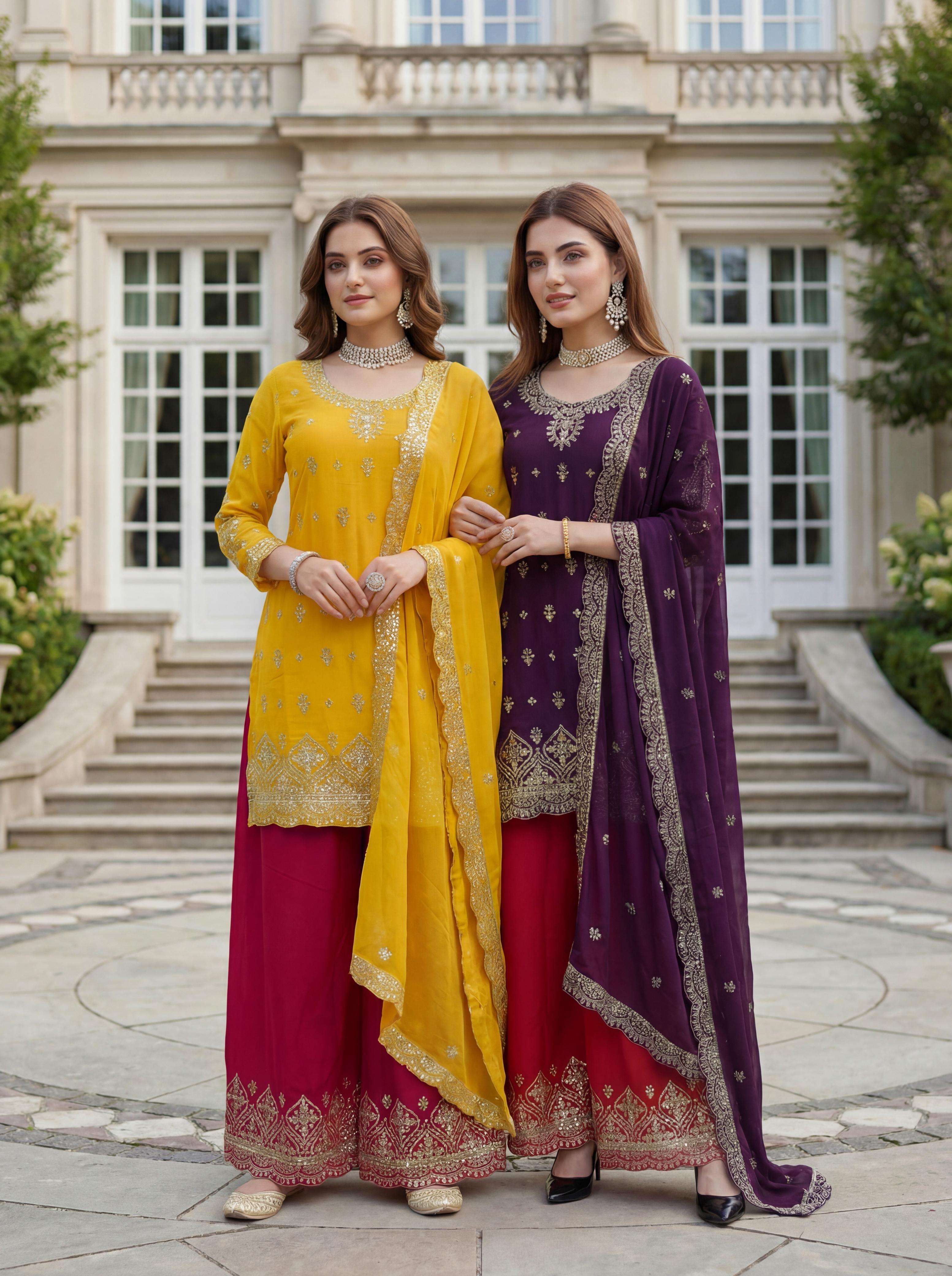 dvd 5158 full stitch designer chinon silk plazzo suits