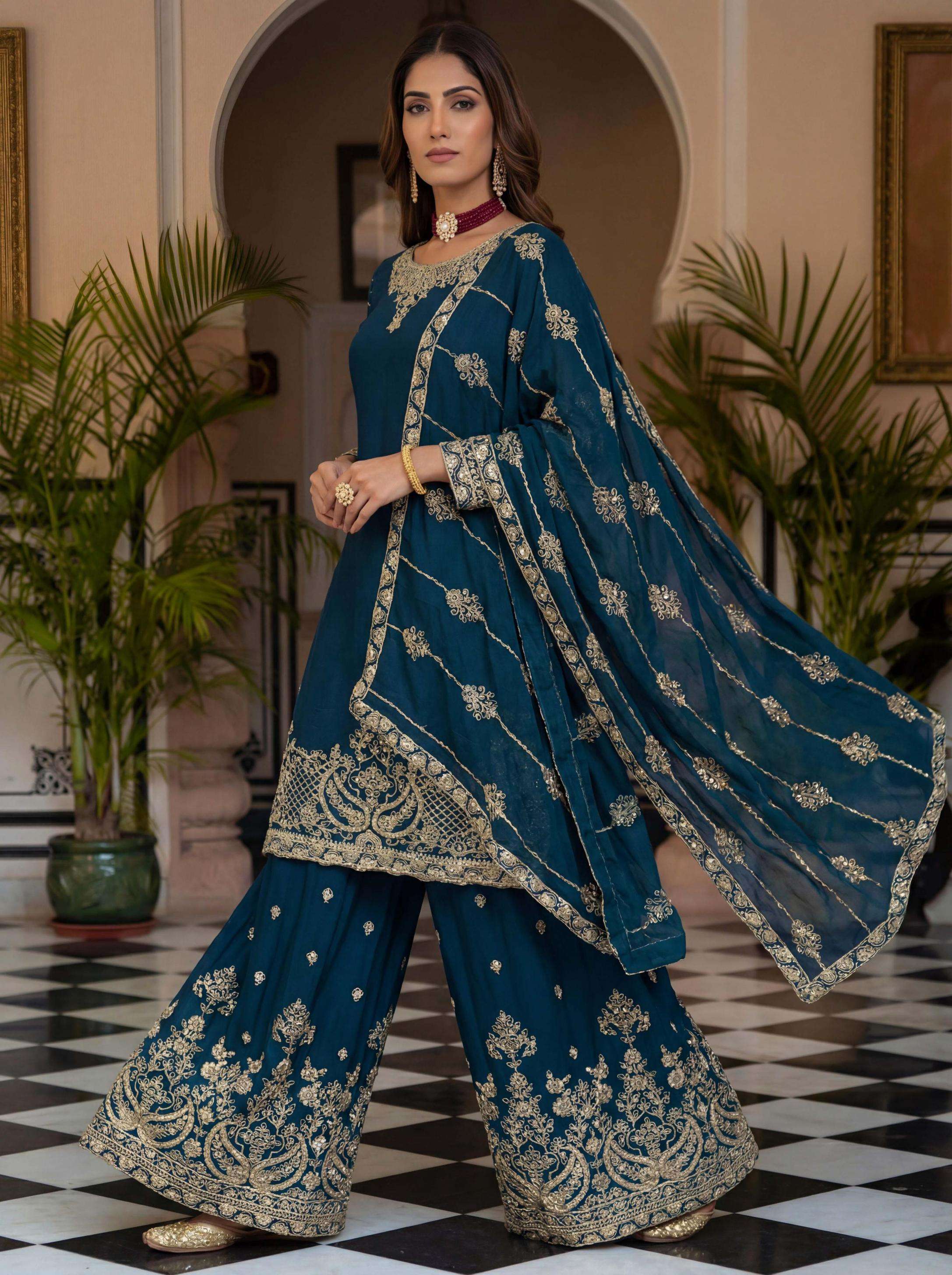 dvd 5160 chinon silk embroidery work plazzo suit for womens