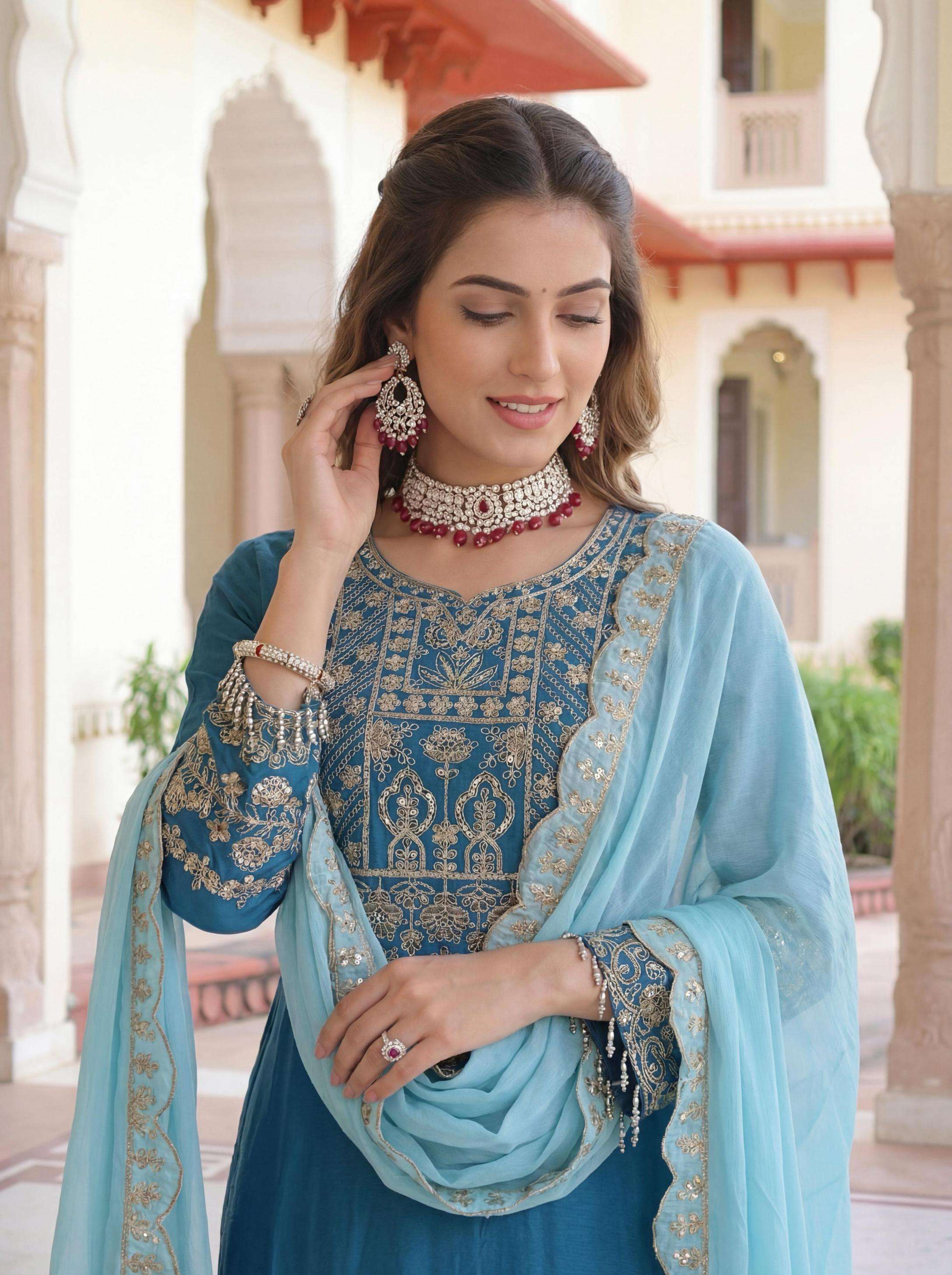 dvd 5162 chinon silk embroidery full stitch kurti plazzo with dupatta