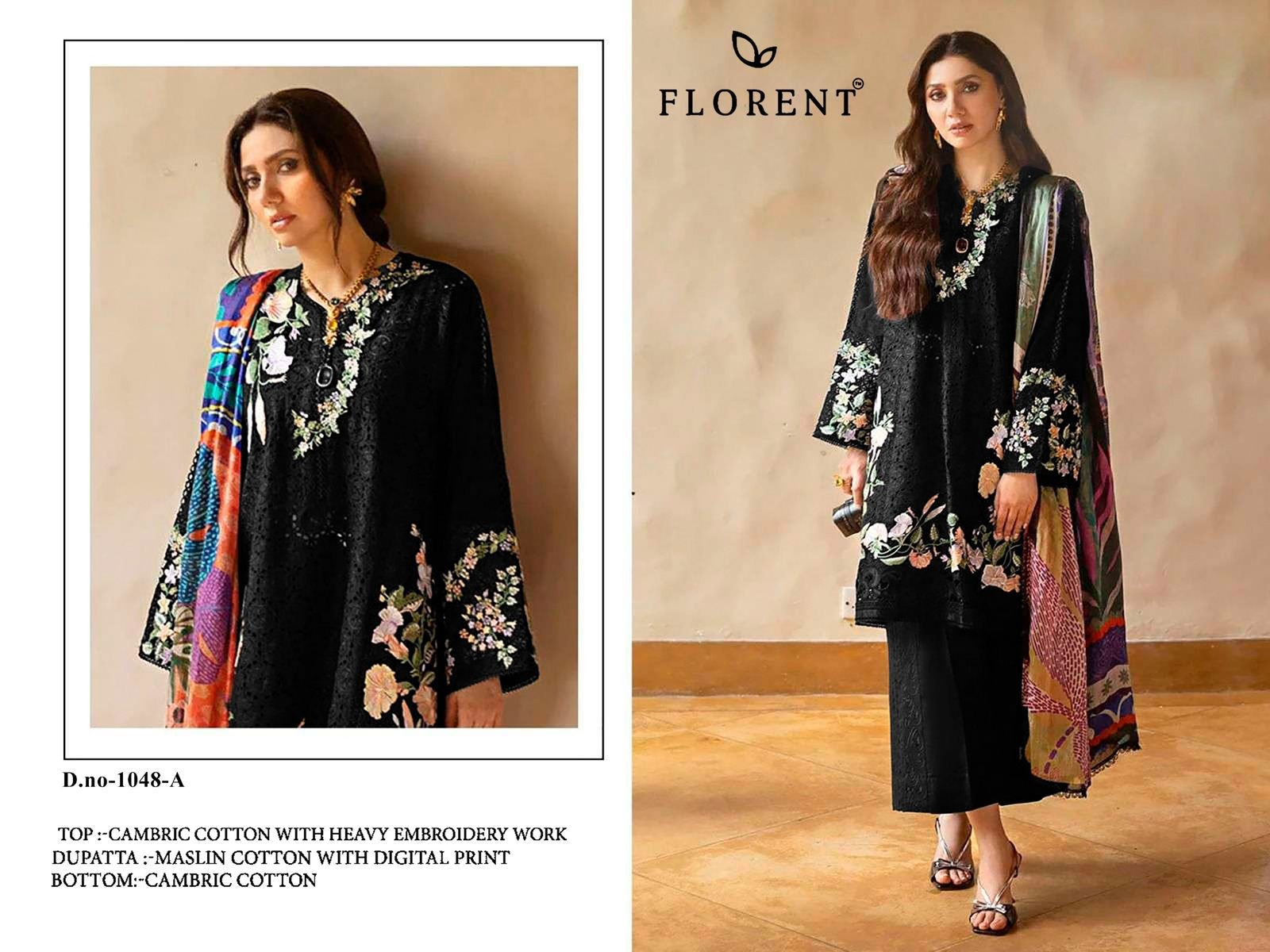 FLORENT 1048 colour CAMBRIC COTTON WITH HEAVY EMBROIDERY WORK wholesale suit