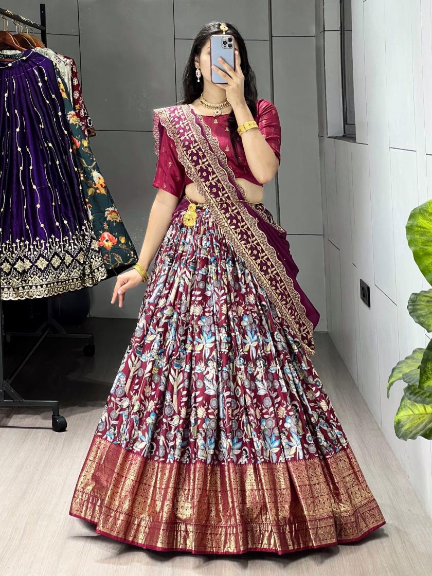 grtn7080 kalamkari dola silk festive stitch lehenga unstitch choli set