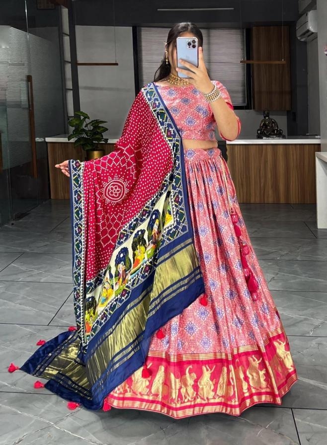 grtn7123 gaji silk printed half saree stitch lehenga unstitch blouse dupatta