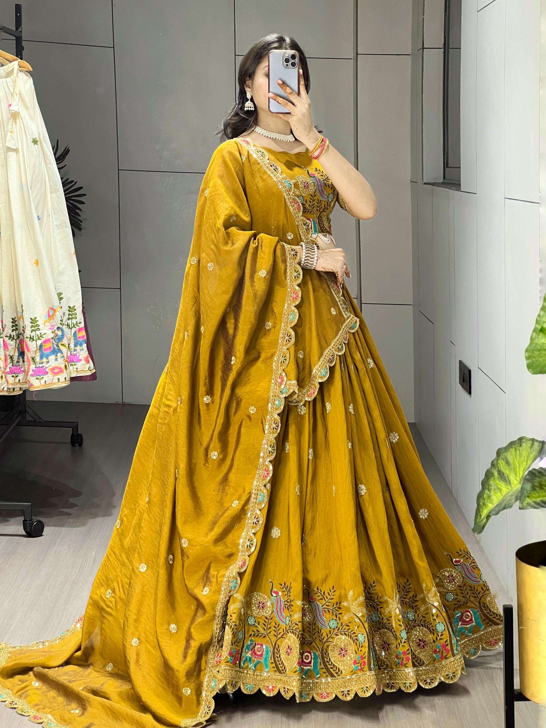 grtn8229 vichitra musturd fully stitch lehenga for wedding