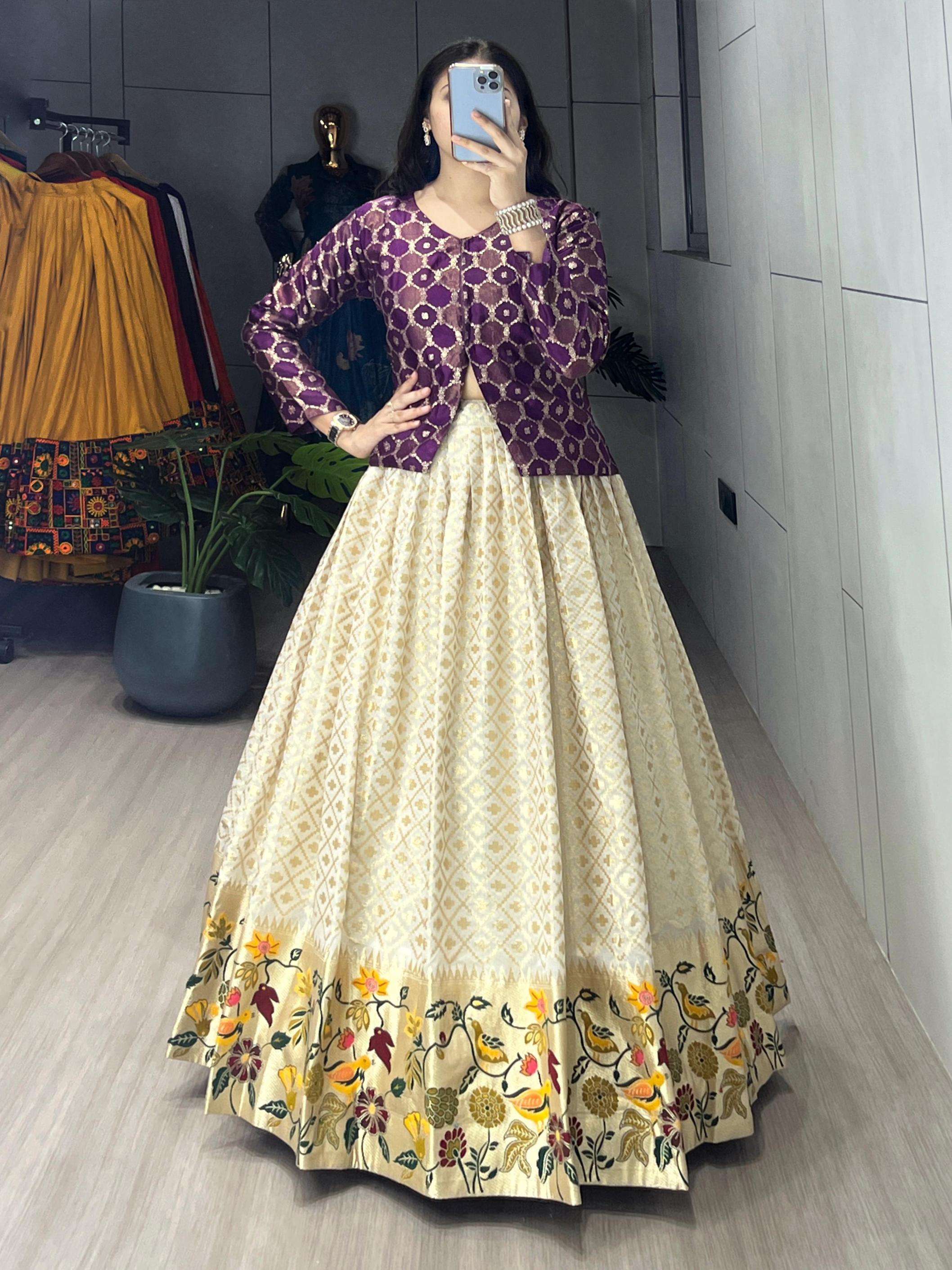 grtn9033 fully stitch jacquard silk paithani weaving lehenga with koti online