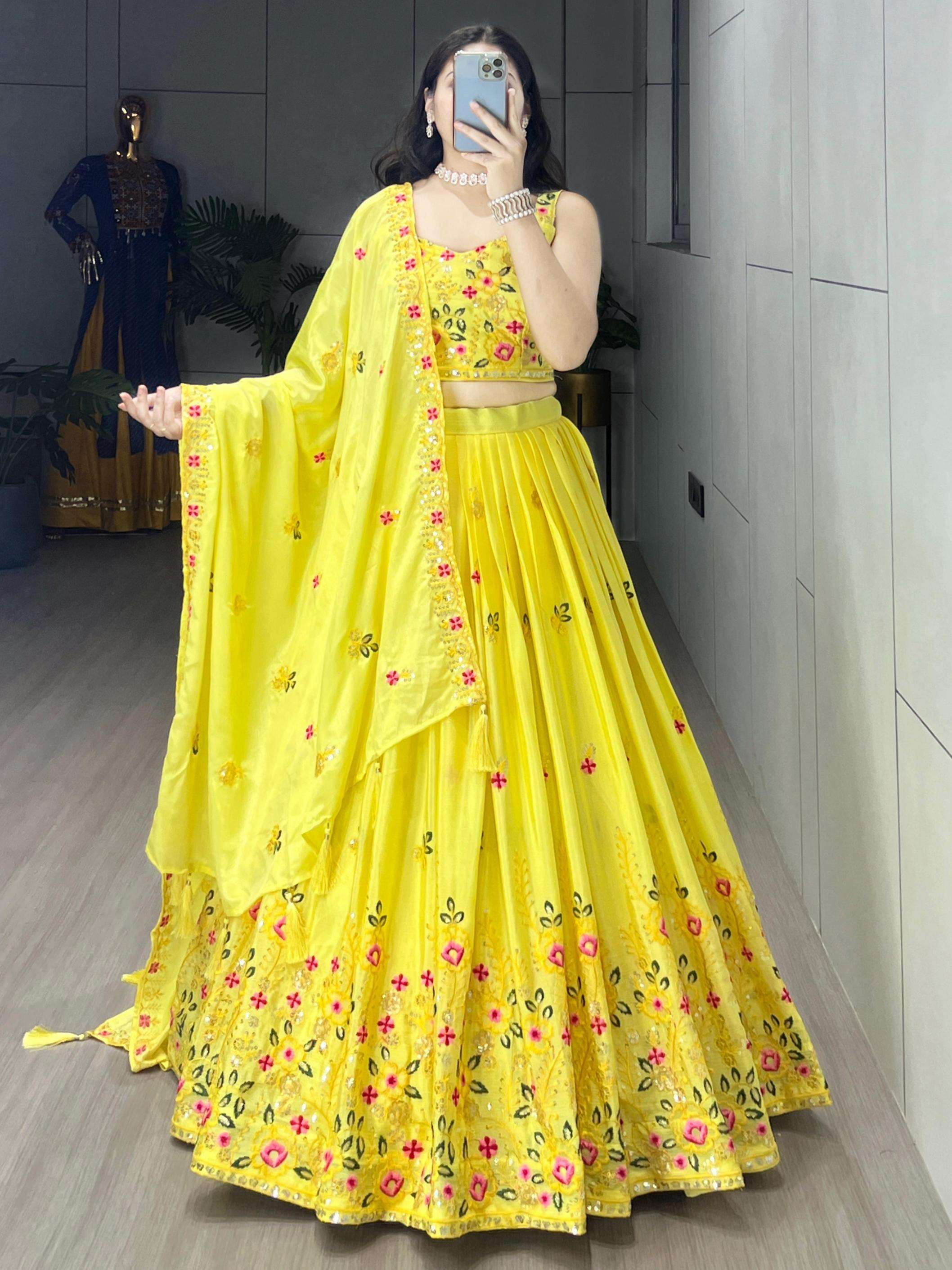 grtn9034 chinon designer yellow embroidered stitch lehenga unstitch choli