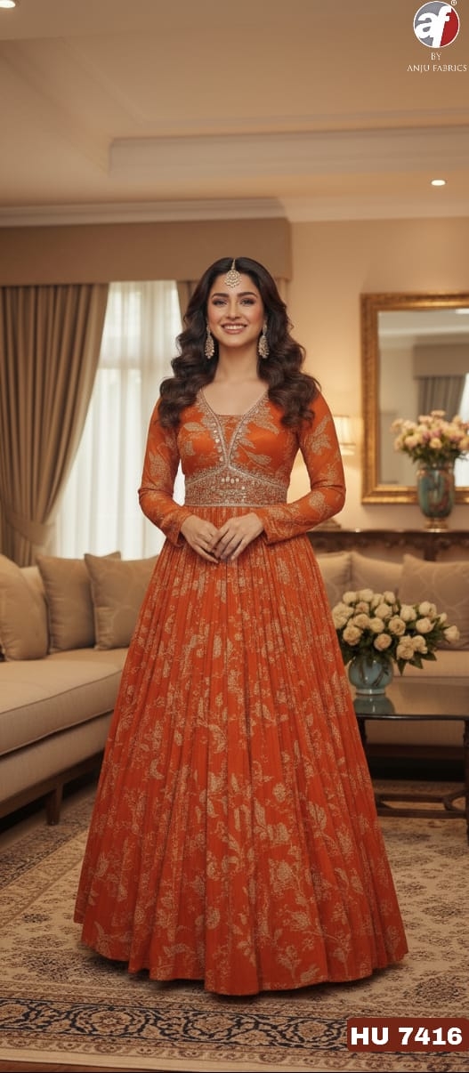 hum PURE CHINON CHIFFON DESIGNER FLARED GOWN WITH DUPATTA