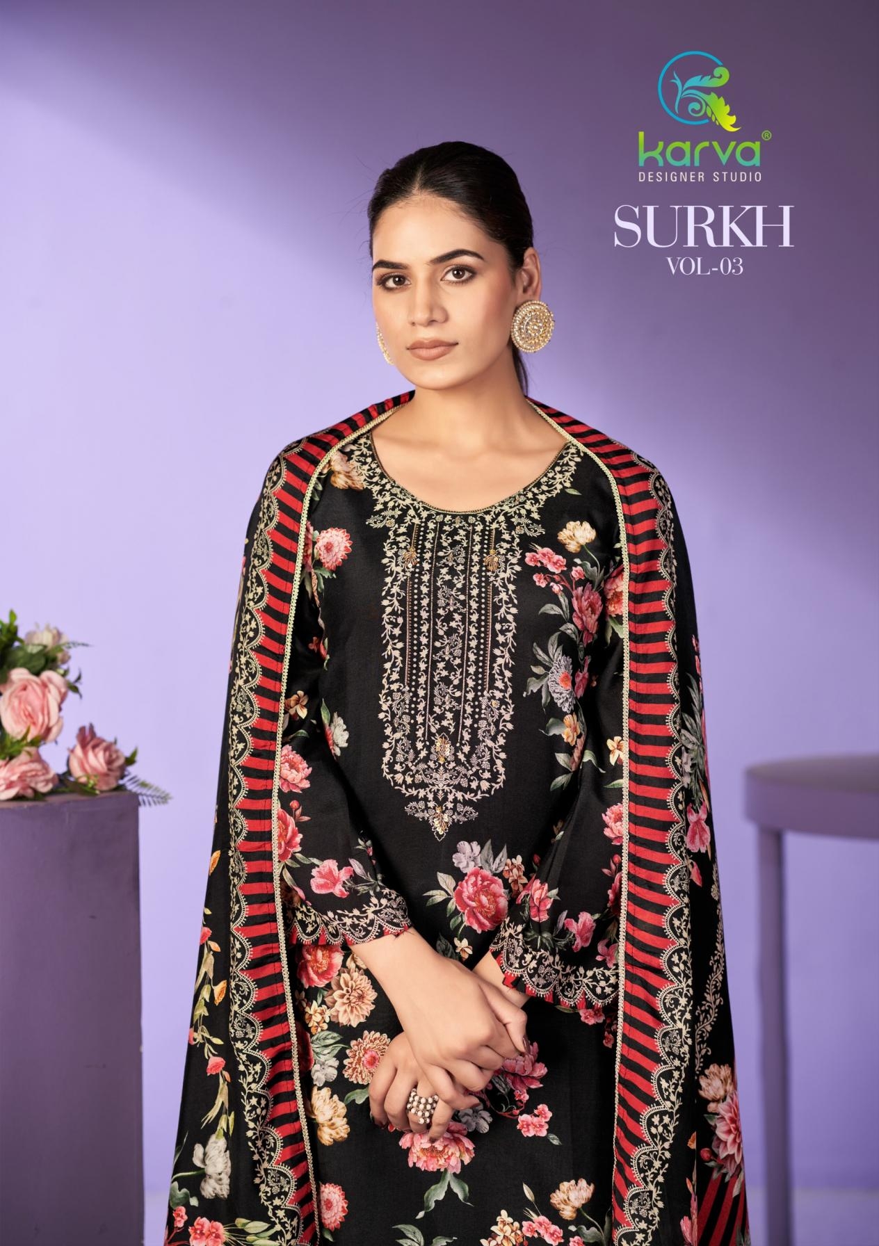 karva designer surkh vol 3 series 01-04 viscose muslin wholesale suit 