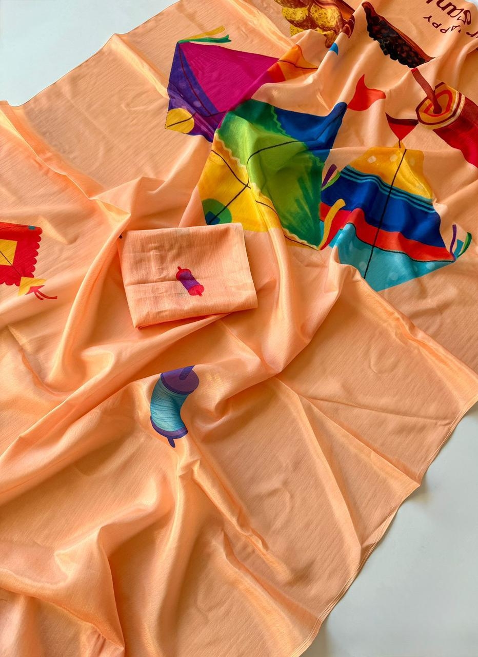 Kites Soft Shinon Fabric With Beautiful Kites digital print wholesale saree