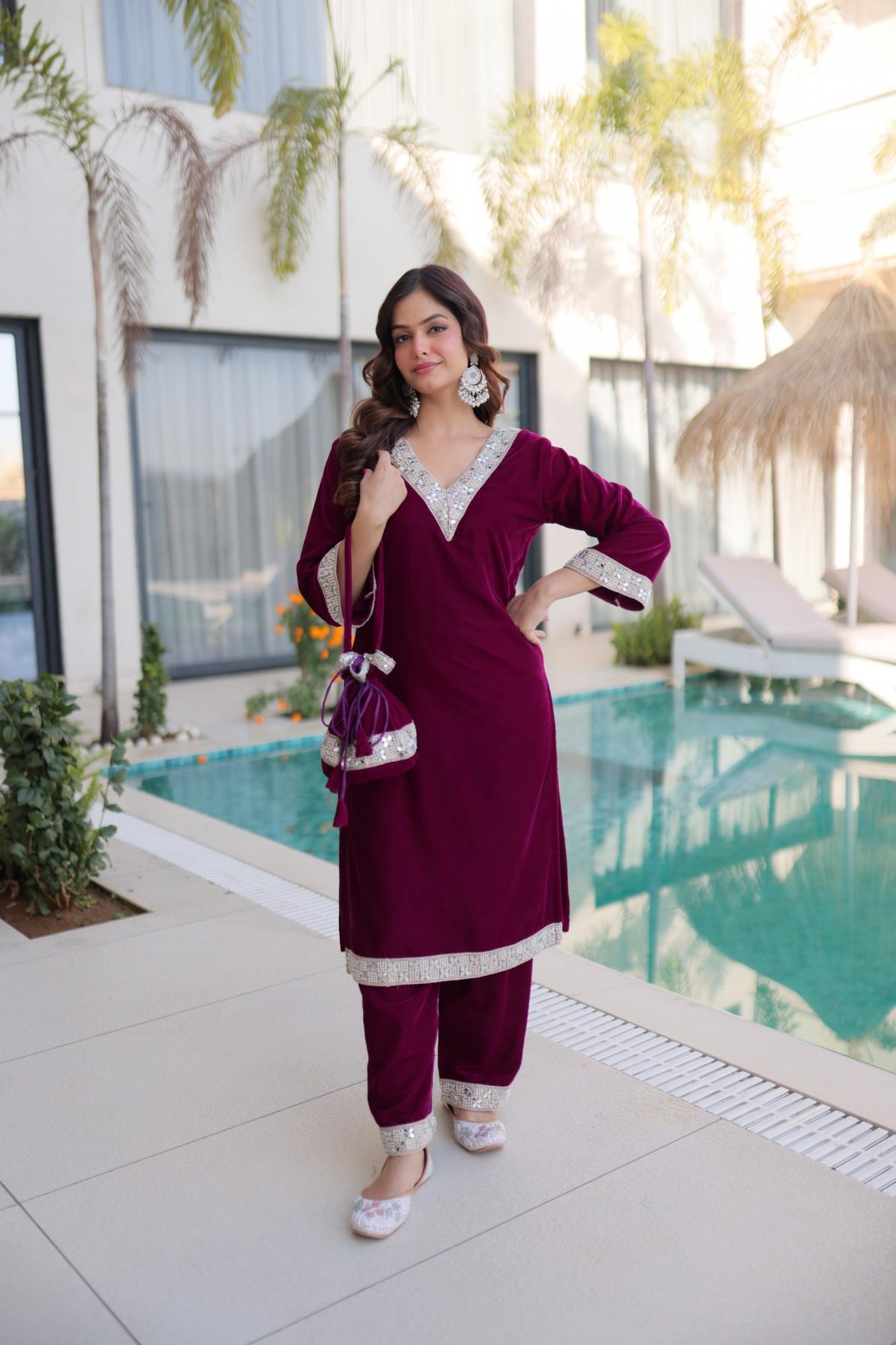 lw 9308 velvet zari embroidered readymade winter special kurti pant with batwa