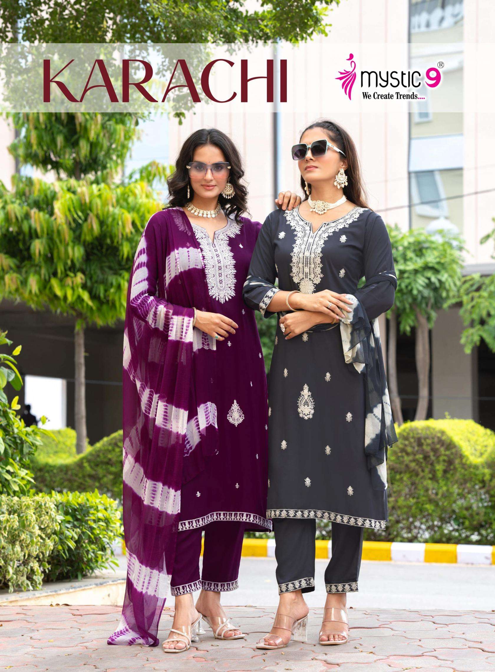 mystic9 karachi vol 8 series 8001-8008 premium heavy rayon wholesale suit 