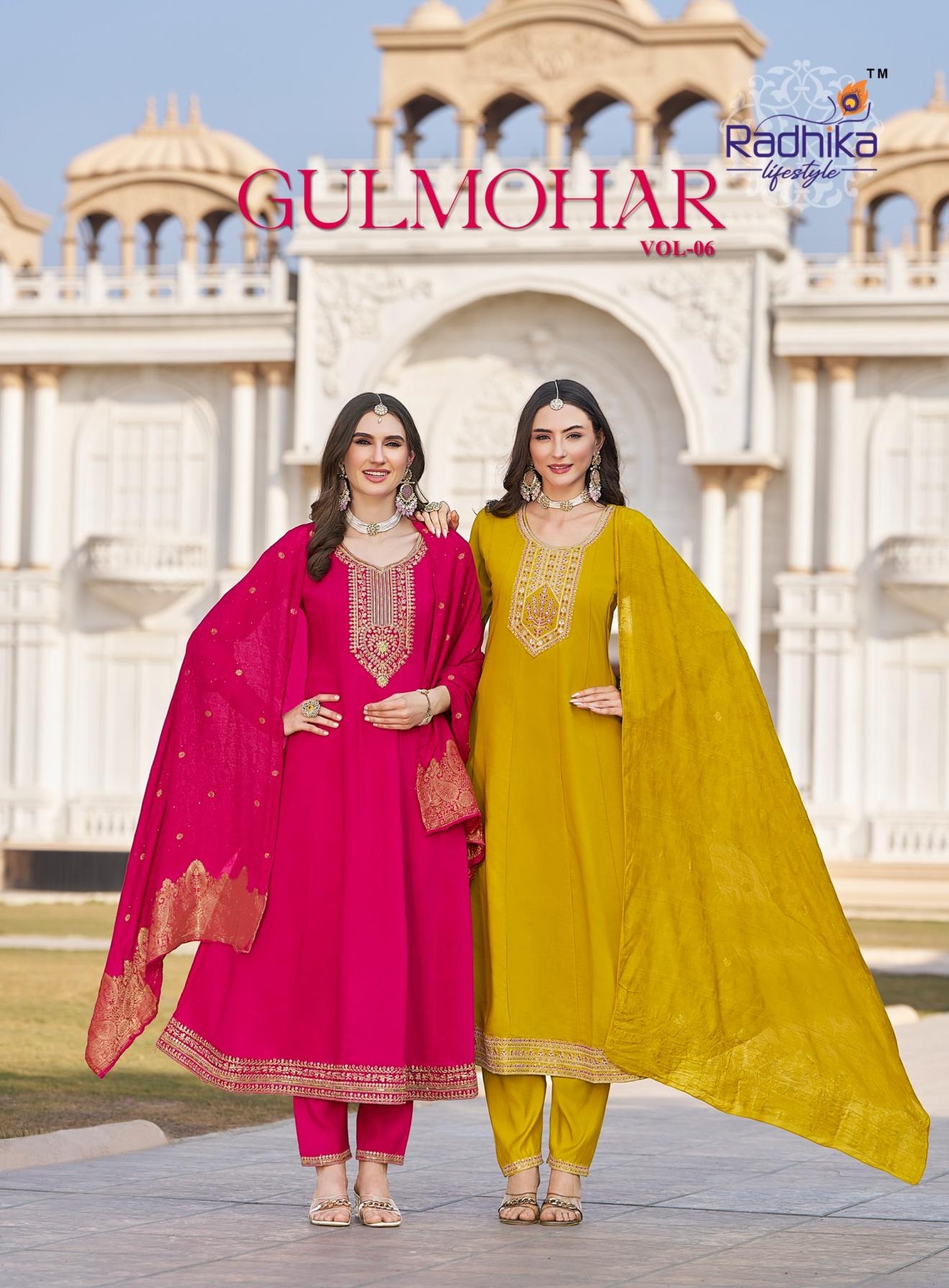 radhika lifestyle gulmohar vol 6 series 6001-6006 roman silk wholesale suit 