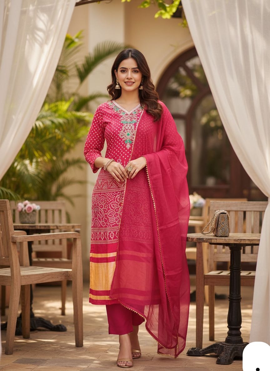 rani pink And maroon Bandhani-print wholesale suit in surat