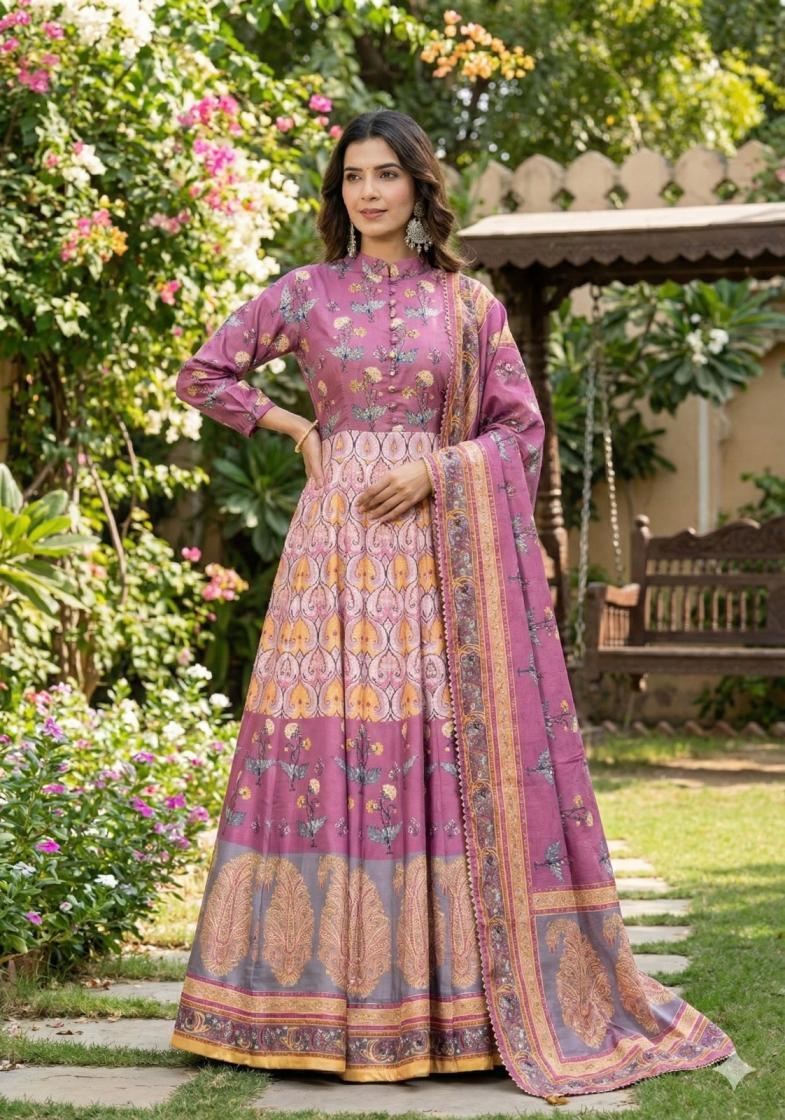 samanta soft dola silk traditional full stitch gown with dupatta