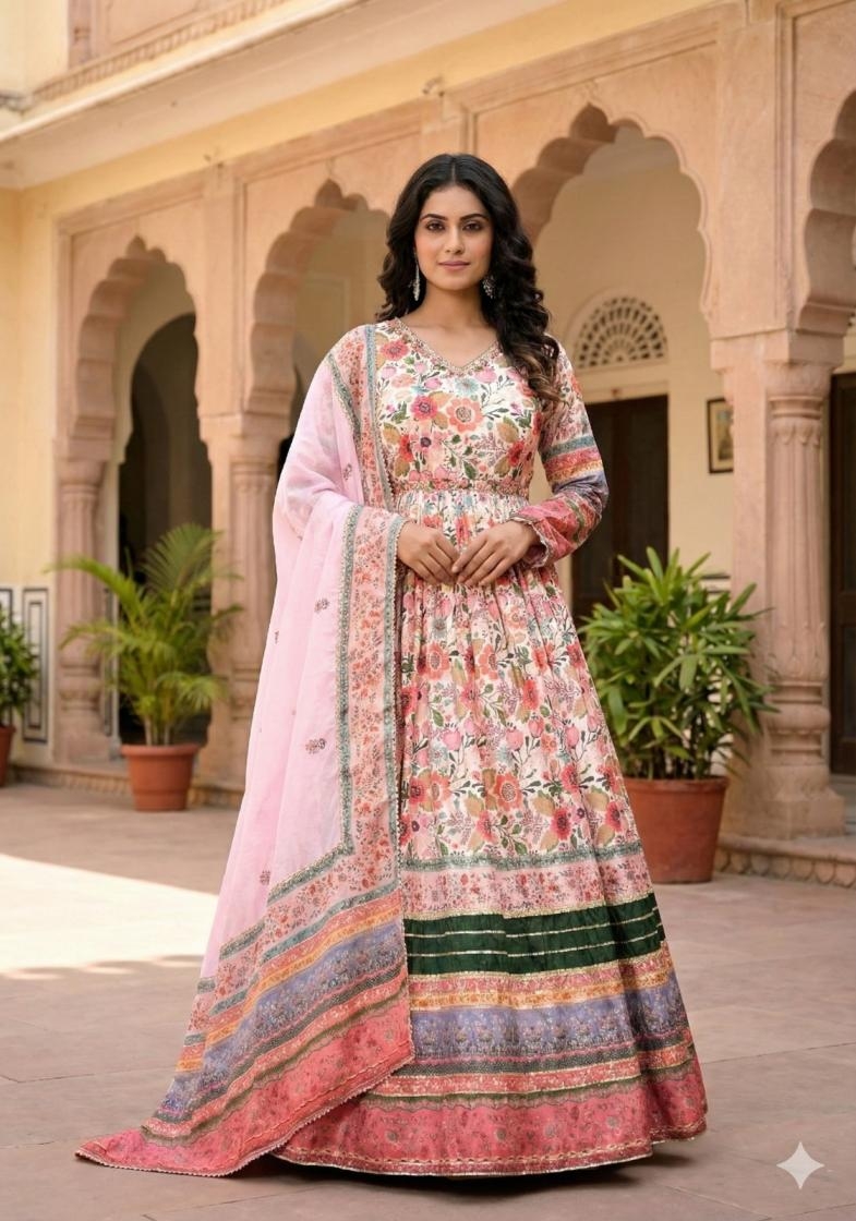 sanj soft dola silk readymade shop trendy gown with dupatta