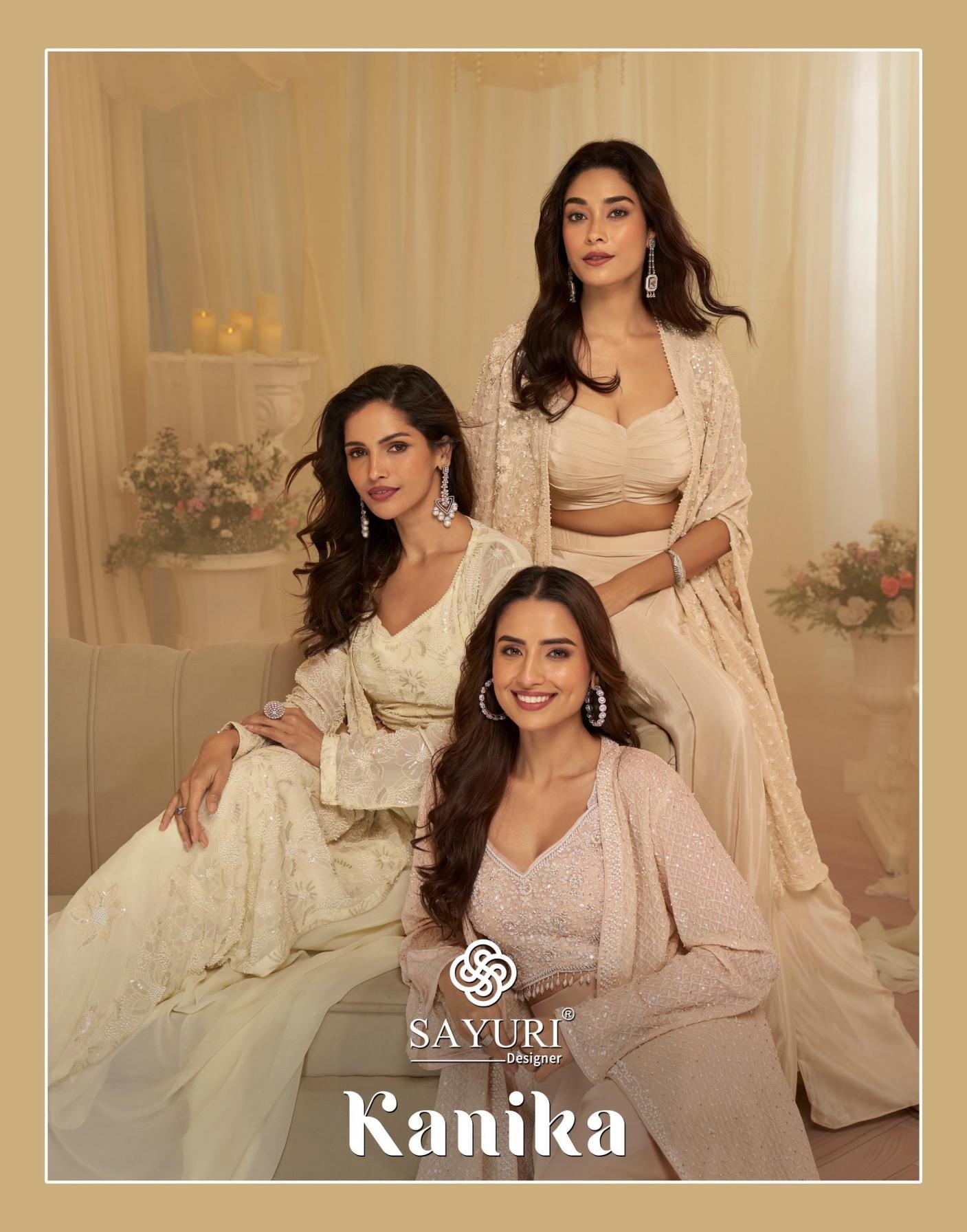 sayuri kanika series 10209-10211 GEORGETTE wholesasle jacket with blouse & cowl plazzo dress