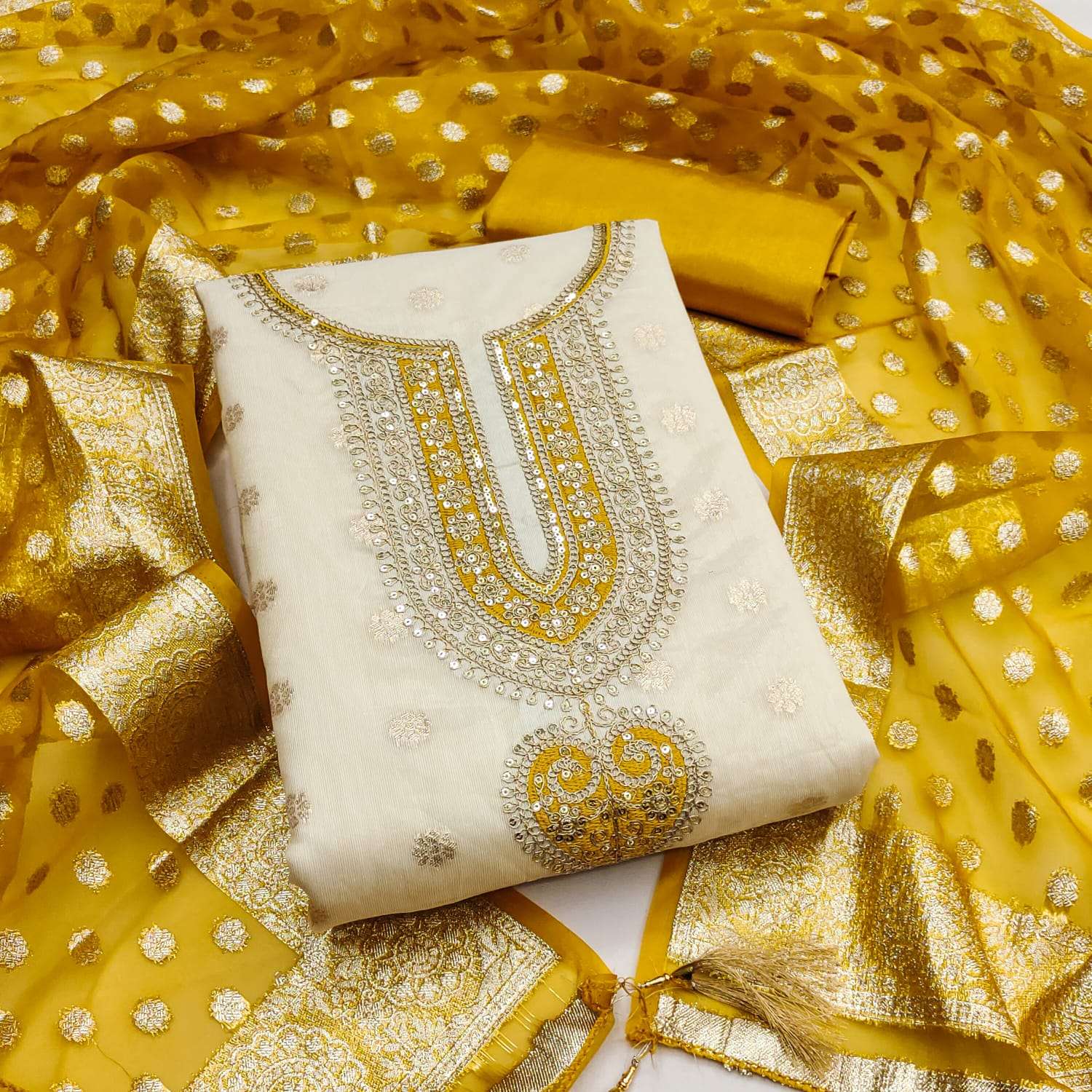 SINDOOR SIMMER SILK  BOOTI KODDING SQUANCE WORK dress material