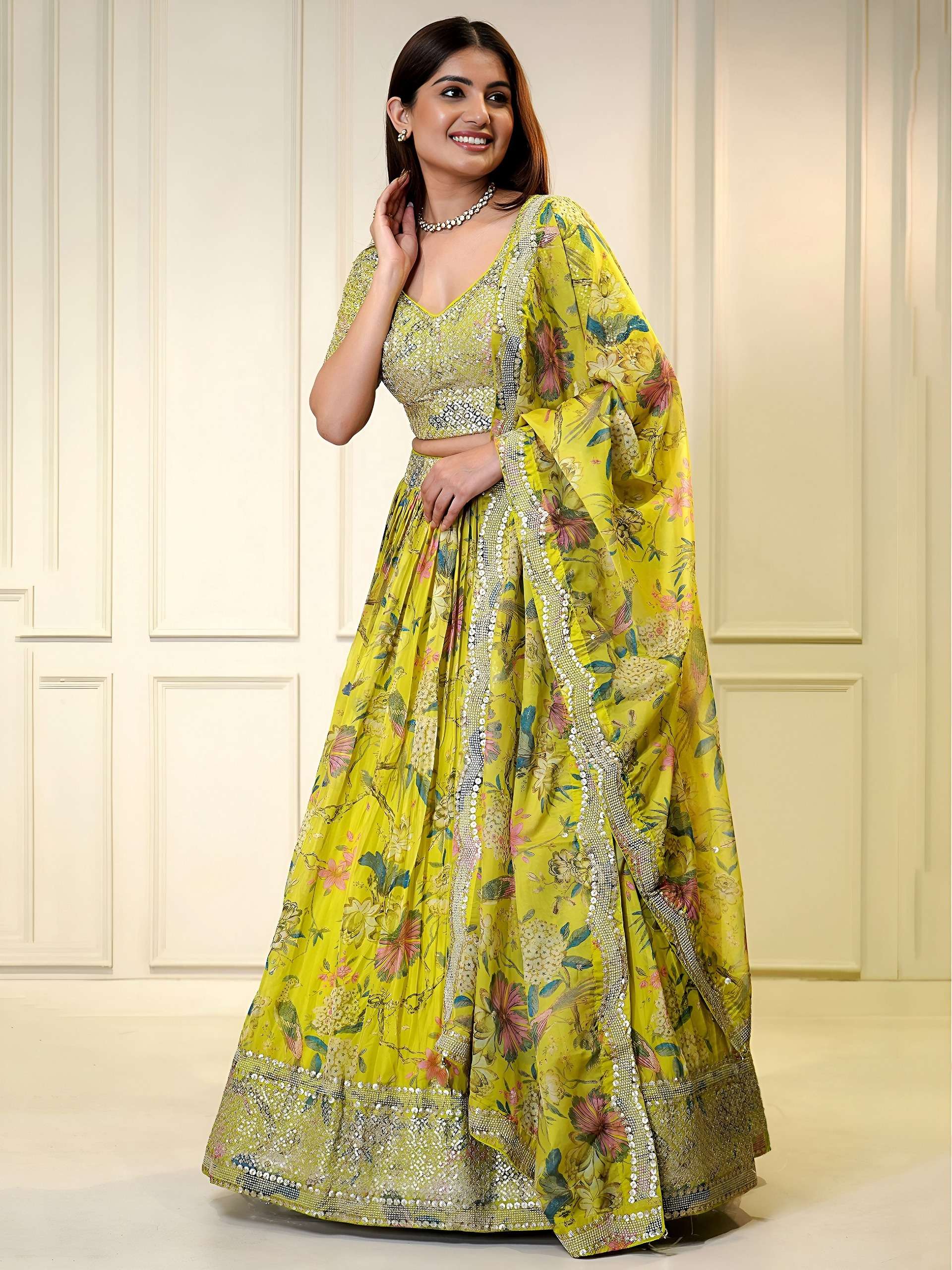  YELLOW FLORAL organza lehenga adorned with elegant multicolor floral prints