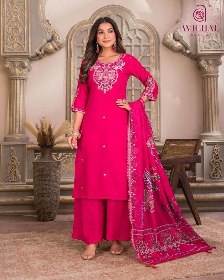 avichal creation 1069 full stitch vatican silk combo plazzo suit
