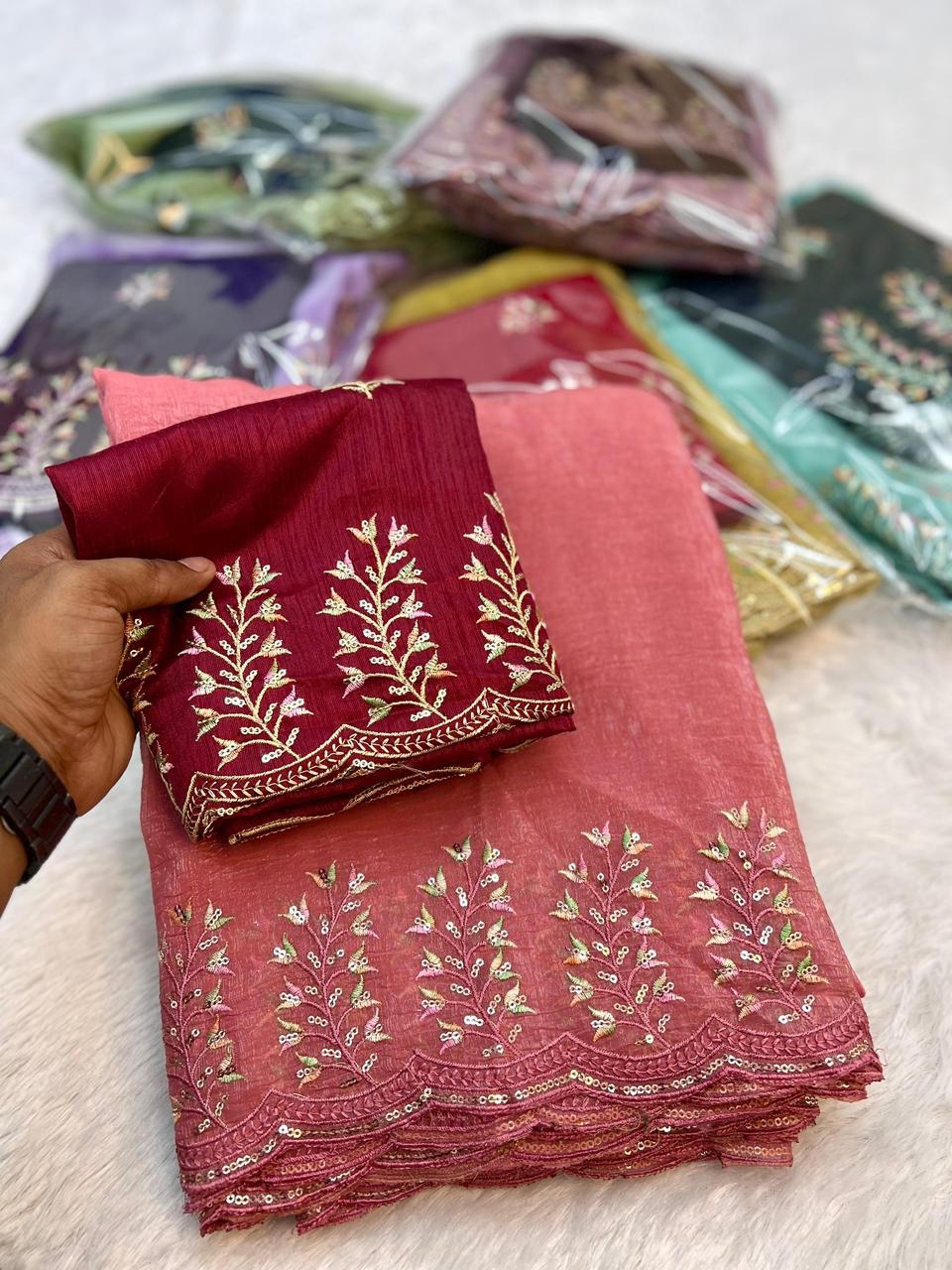 bt-252 Soft Crunchy Silk Saree With Beautiful Thread & Sequince Embroderiy Work Saree