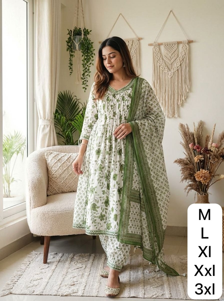 btm-252 cotton Anarkali style with a flowing silhouette and embroidery work at the neckline