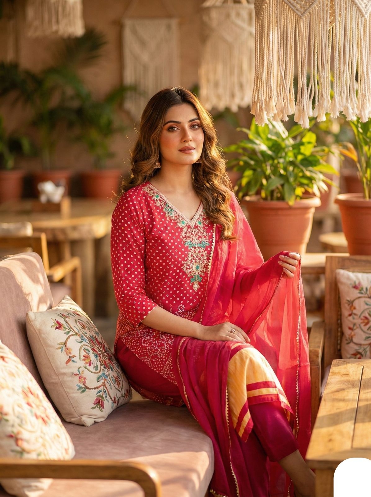 Colours-2 chinon thread embroidery rani pink And maroon Bandhani-print Salwar Kameez