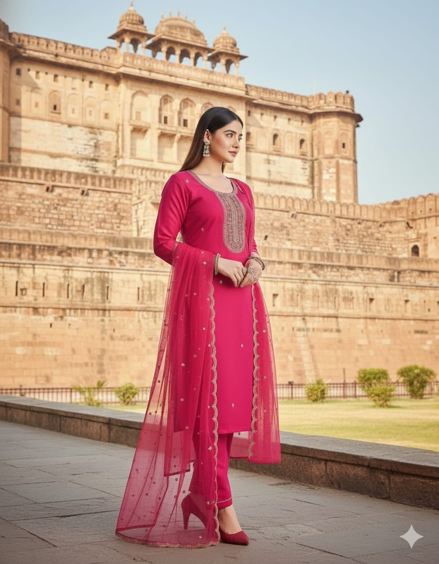 DEVIKA SILK BLEND WITH EMBRODEIRY WORK FULLY STICHED KURTA & PANT DUPATTA SET