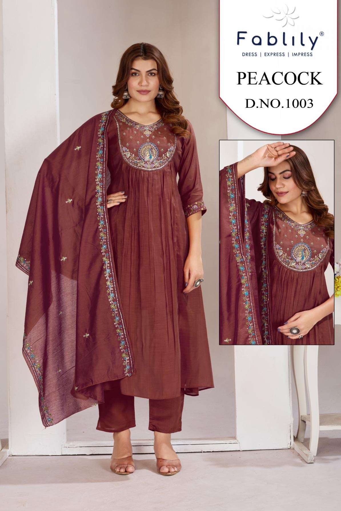 fablily peacock series 1001-1006 mul chanderi anarkali readymade suit