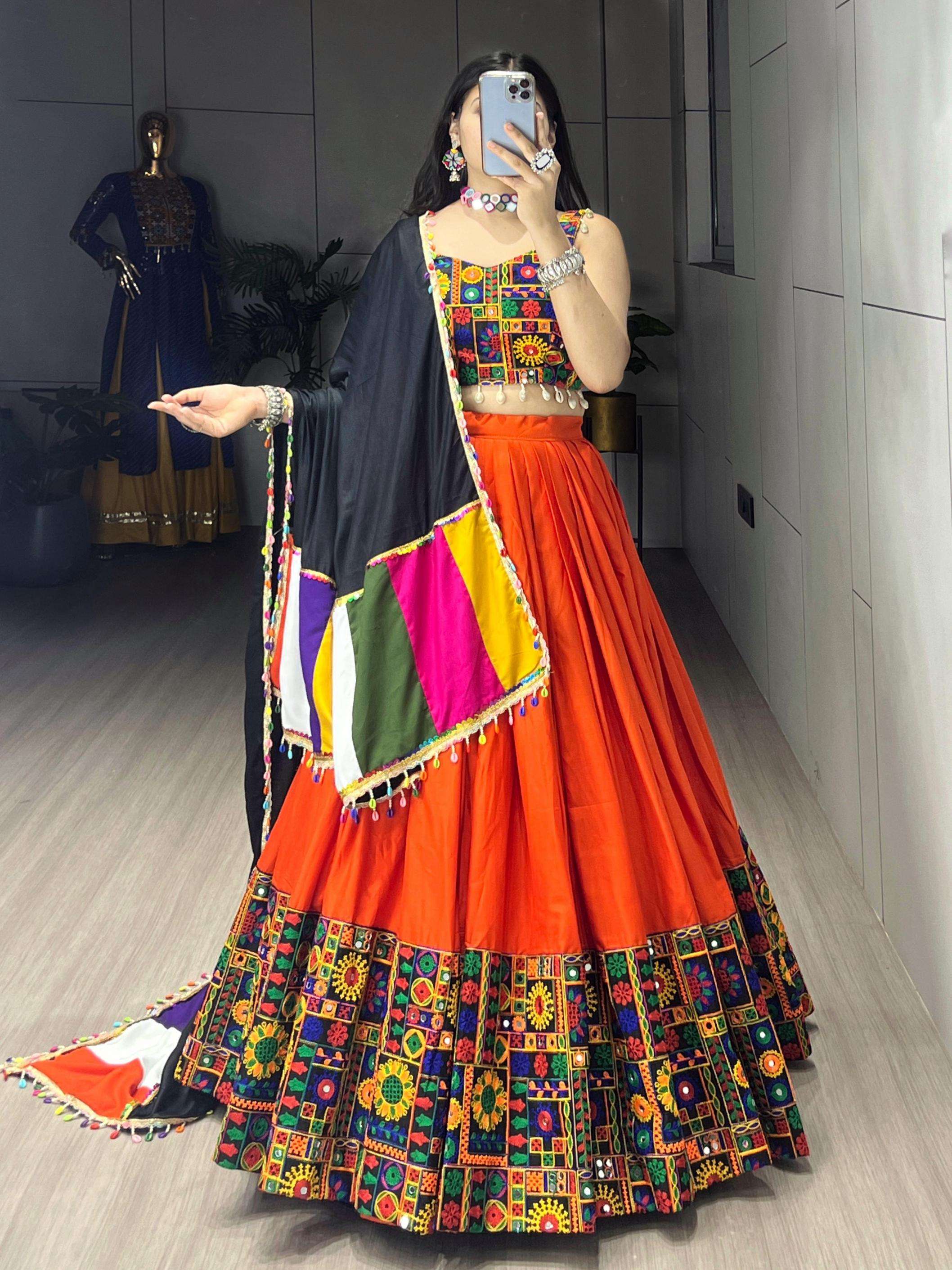 grtn8086 rayon cotton mirror work stitch lehenga unstitch choli with dupatta