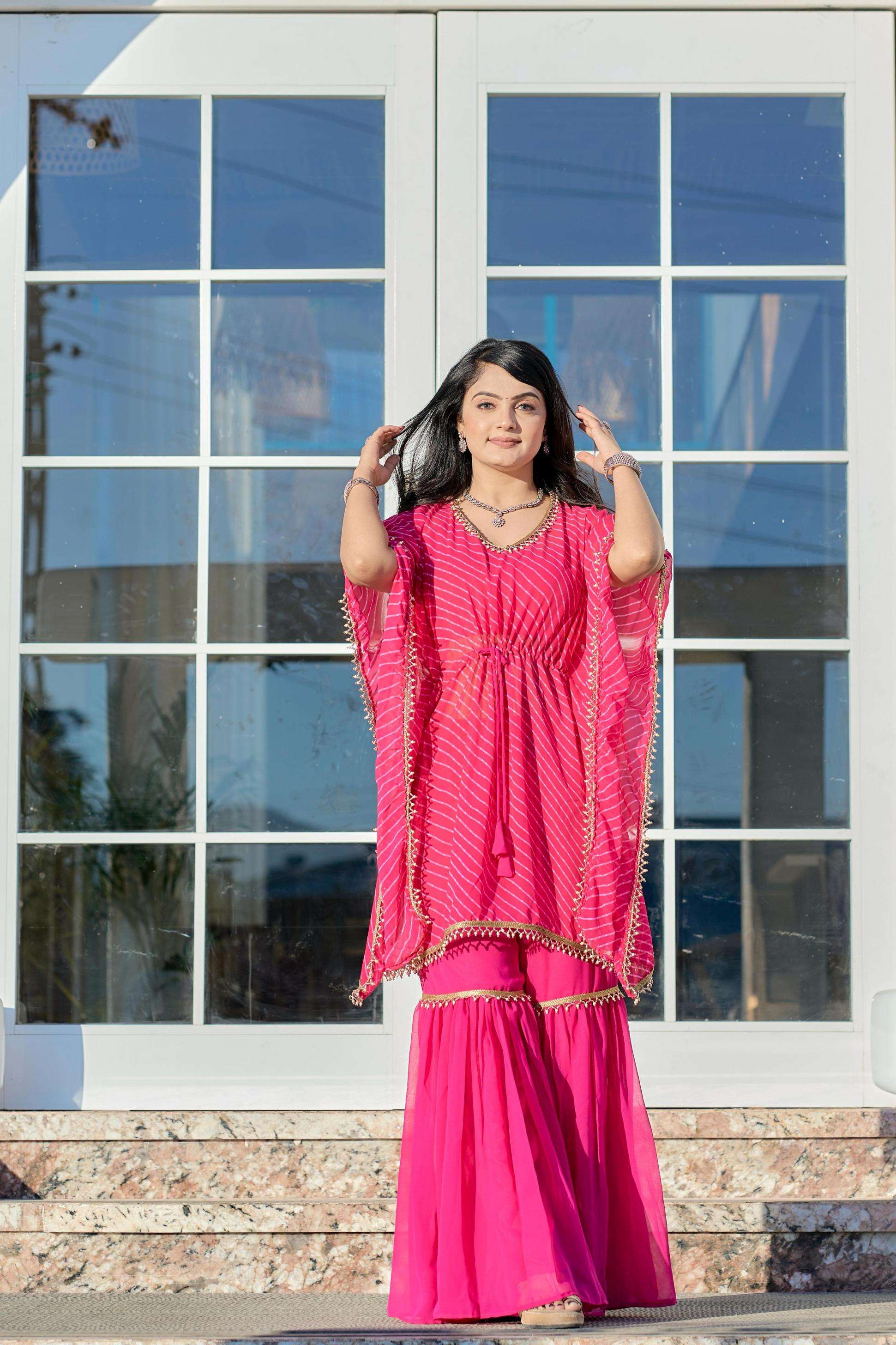 grtn9010 faux gorgette fully stitch leheriya print kaftan with sharara cordset