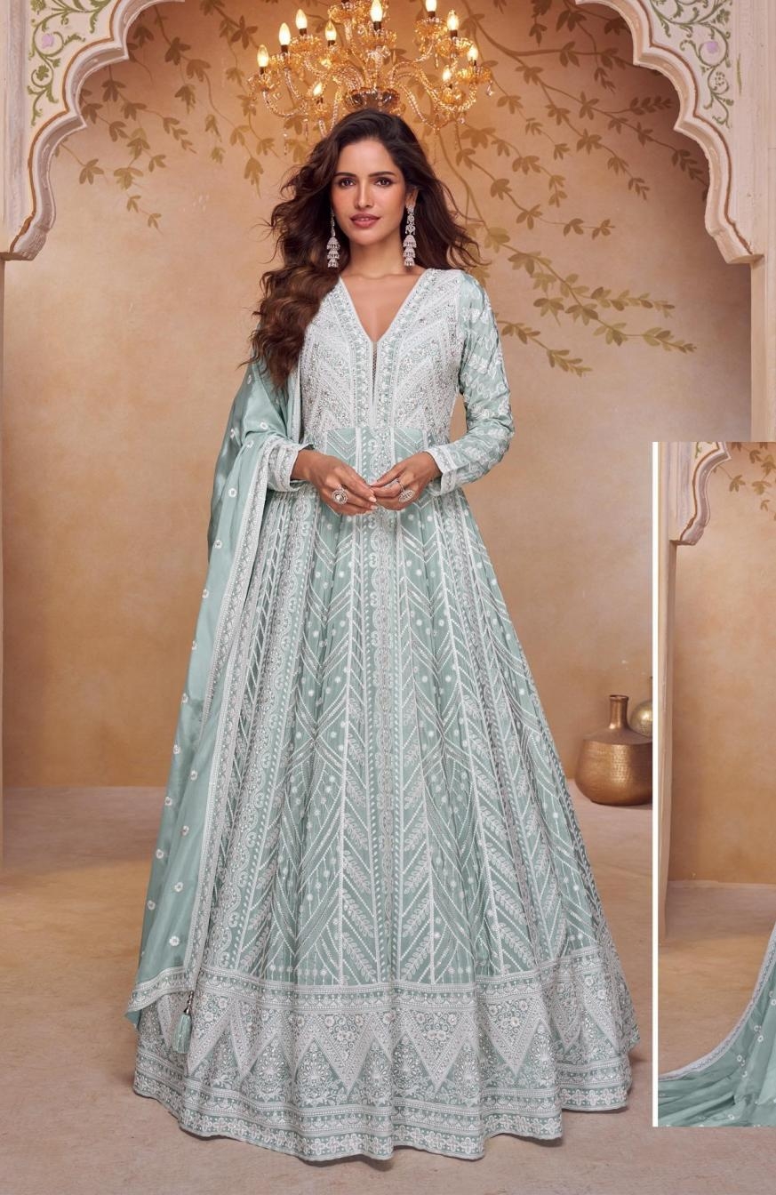 gulkayra designer floral series 7684 chinon gown with dupatta