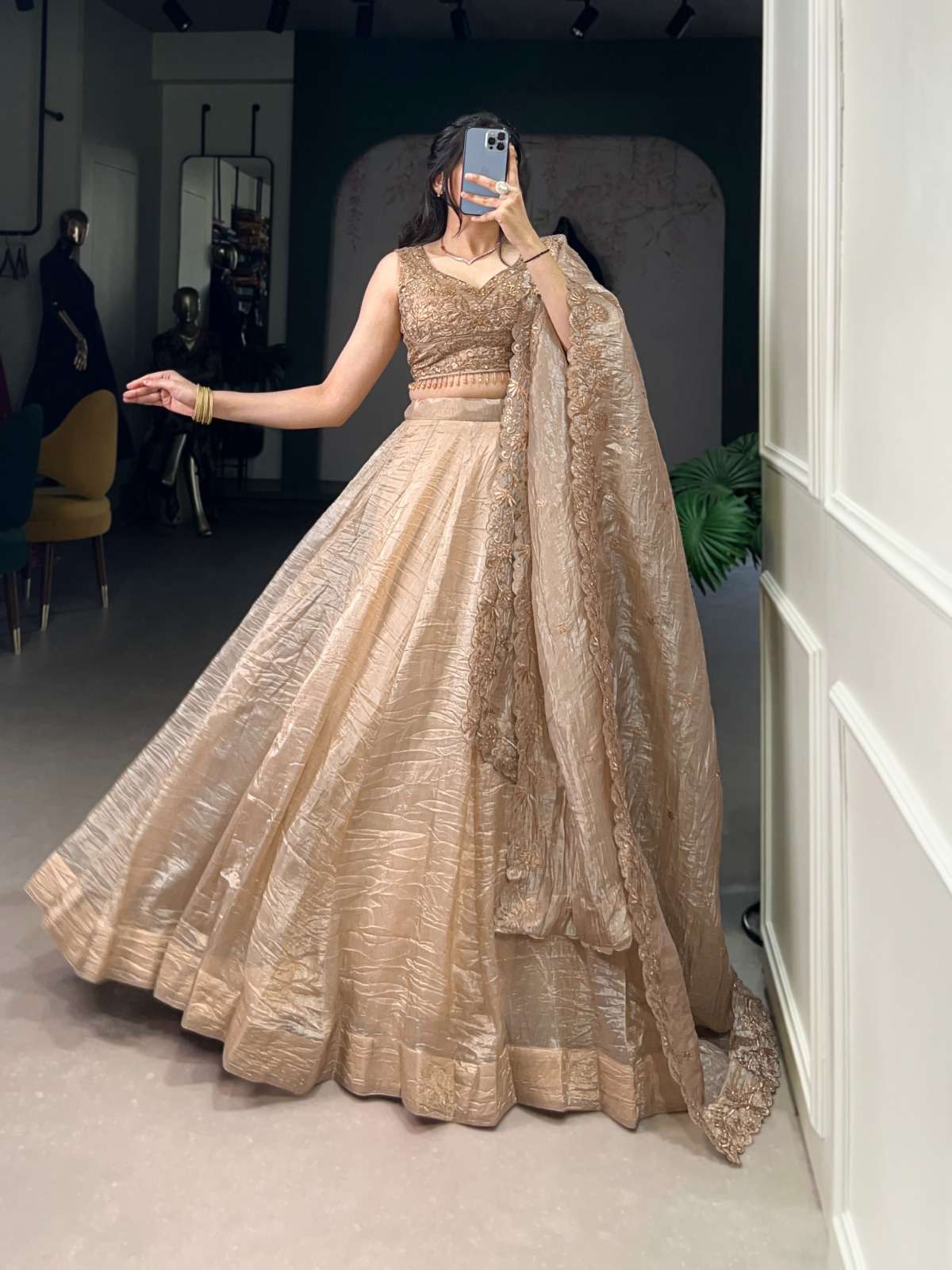 LNB1430CHK Gold Crush Plain Sequins and Thread Embroidery Work lehenga